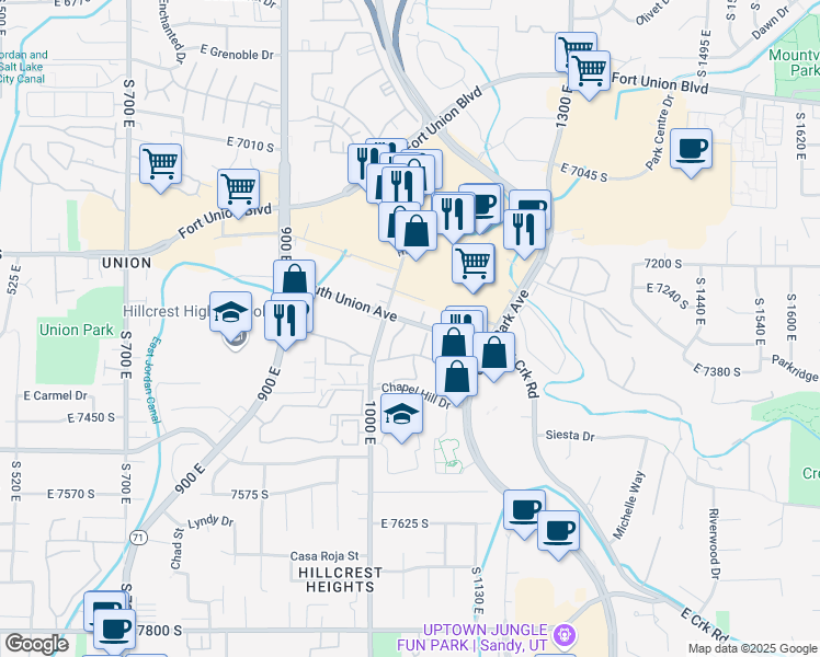 map of restaurants, bars, coffee shops, grocery stores, and more near 1052 South Union Avenue in Midvale