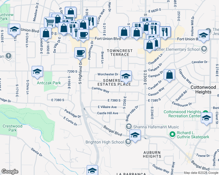 map of restaurants, bars, coffee shops, grocery stores, and more near 2134 Somerset Drive in Cottonwood Heights