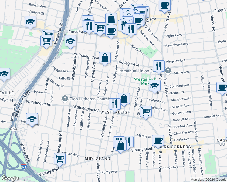 map of restaurants, bars, coffee shops, grocery stores, and more near 225 Woolley Avenue in Staten Island