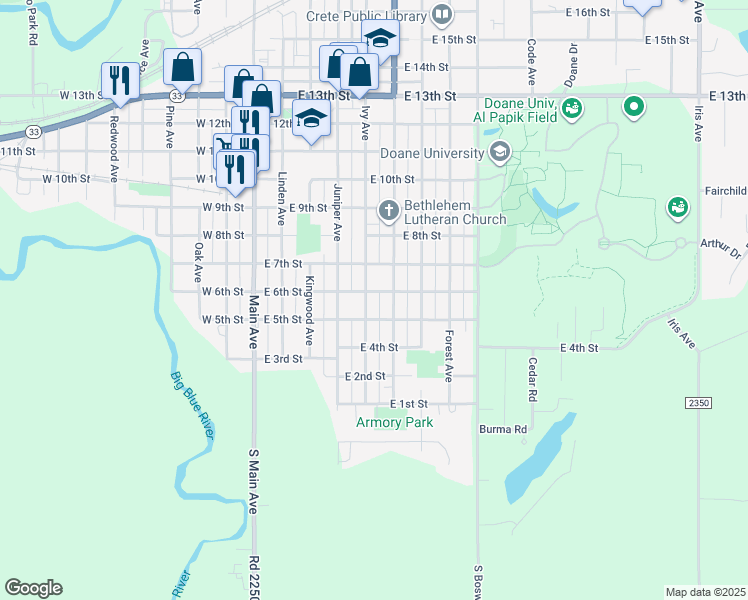 map of restaurants, bars, coffee shops, grocery stores, and more near 439 East 6th Street in Crete