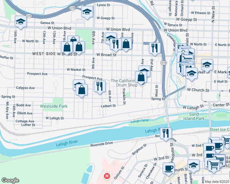 map of restaurants, bars, coffee shops, grocery stores, and more near 318 Liberty Street in Bethlehem
