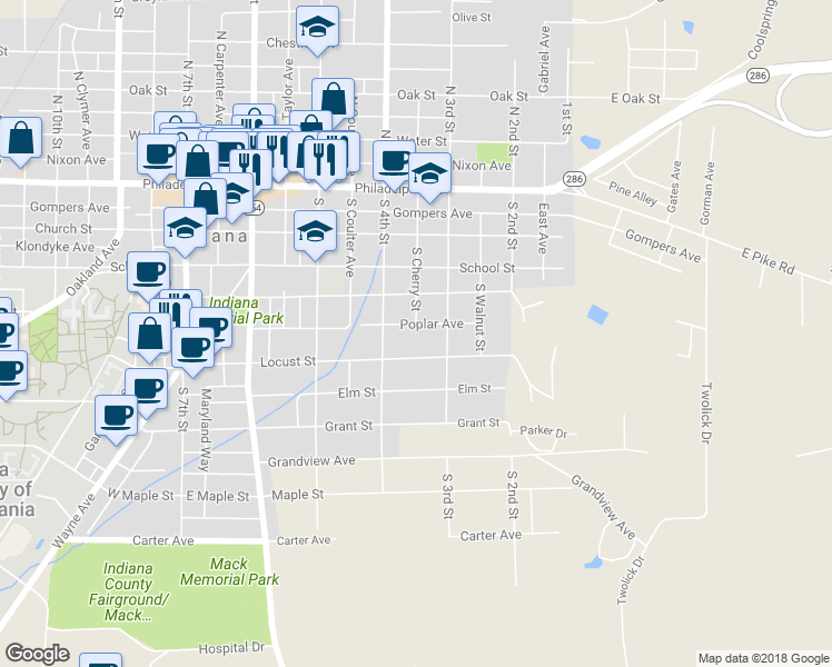 map of restaurants, bars, coffee shops, grocery stores, and more near 310 Poplar Avenue in Indiana