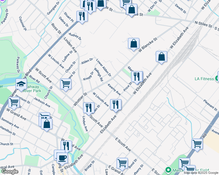 map of restaurants, bars, coffee shops, grocery stores, and more near 260 Kearny Avenue in Rahway
