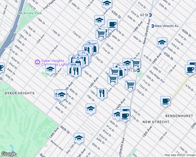map of restaurants, bars, coffee shops, grocery stores, and more near 7511 14th Avenue in Brooklyn