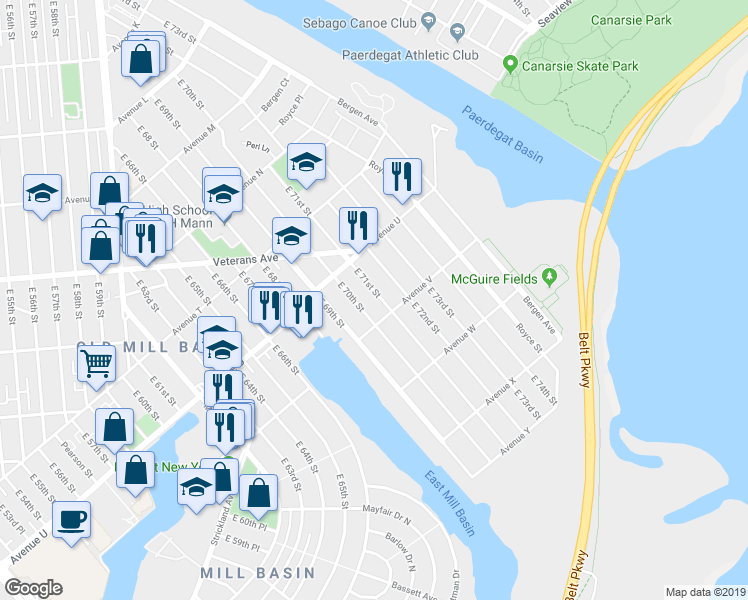 map of restaurants, bars, coffee shops, grocery stores, and more near 2160 East 71st Street in Brooklyn
