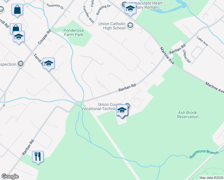 map of restaurants, bars, coffee shops, grocery stores, and more near 1701 Raritan Road in Scotch Plains
