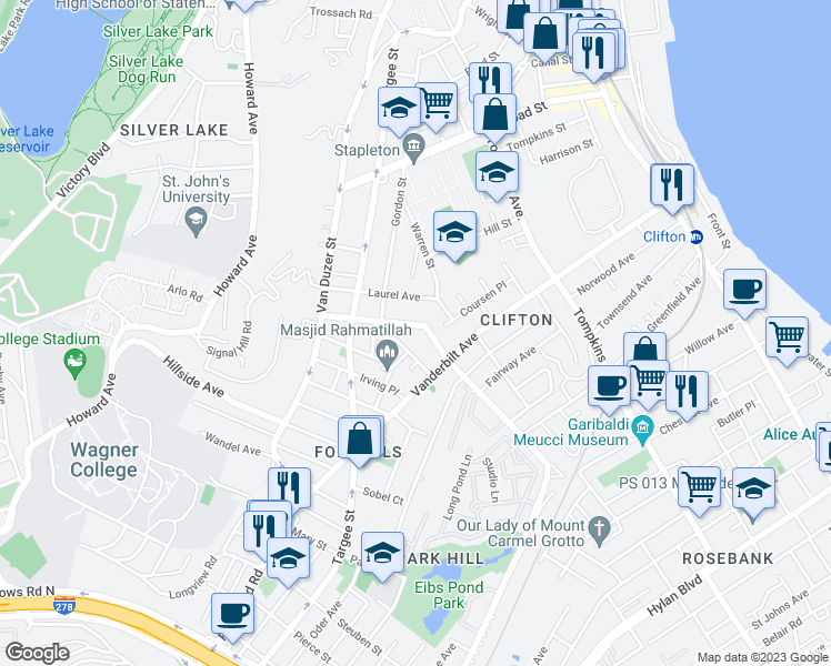 map of restaurants, bars, coffee shops, grocery stores, and more near 102 Osgood Avenue in Staten Island