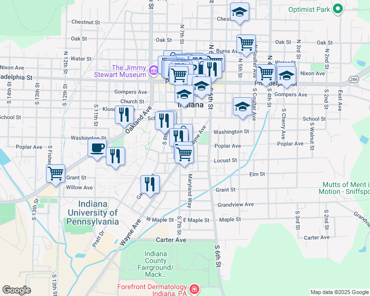 map of restaurants, bars, coffee shops, grocery stores, and more near in Indiana