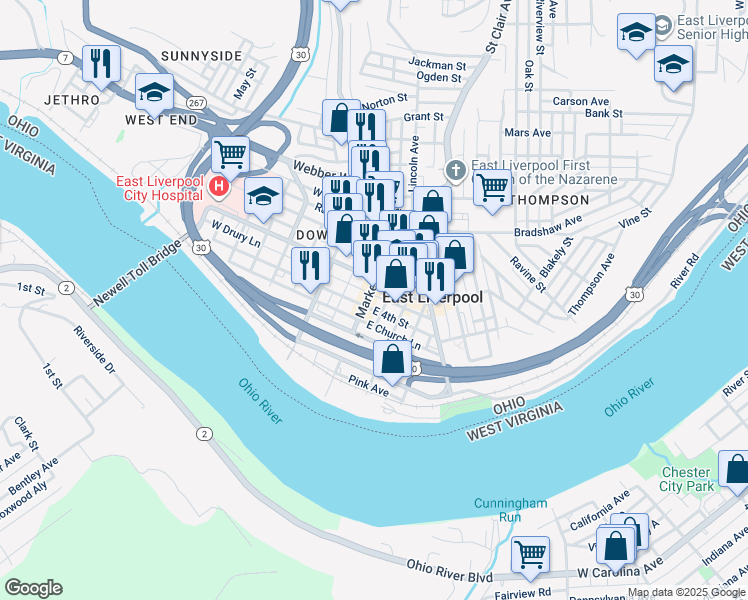 map of restaurants, bars, coffee shops, grocery stores, and more near 400 Market Street in East Liverpool