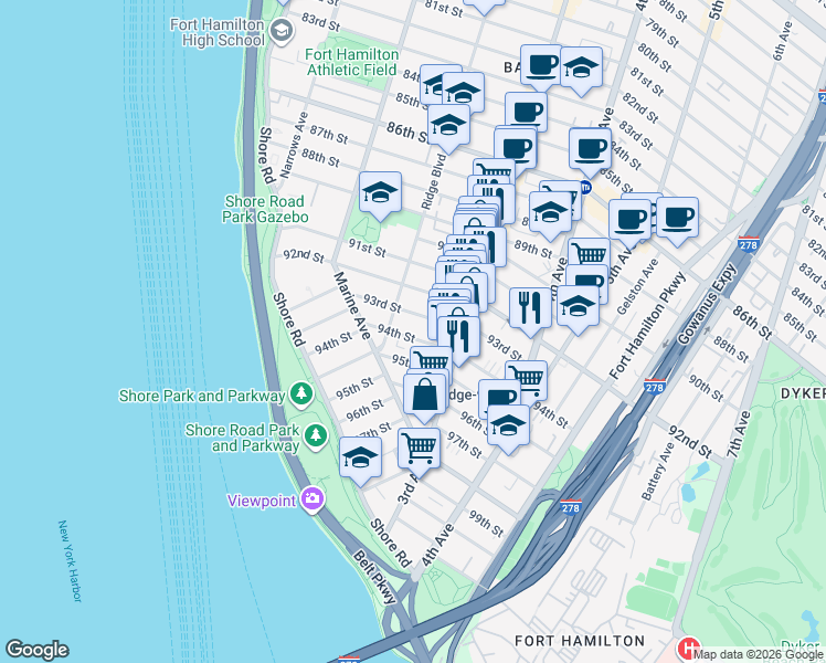 map of restaurants, bars, coffee shops, grocery stores, and more near 227 94th Street in Brooklyn