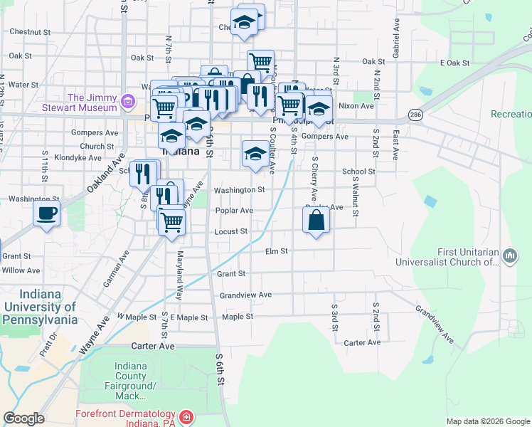 map of restaurants, bars, coffee shops, grocery stores, and more near 450 Poplar Avenue in Indiana