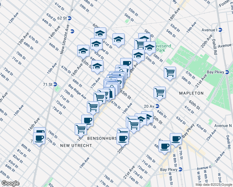 map of restaurants, bars, coffee shops, grocery stores, and more near 6521 18th Avenue in Brooklyn