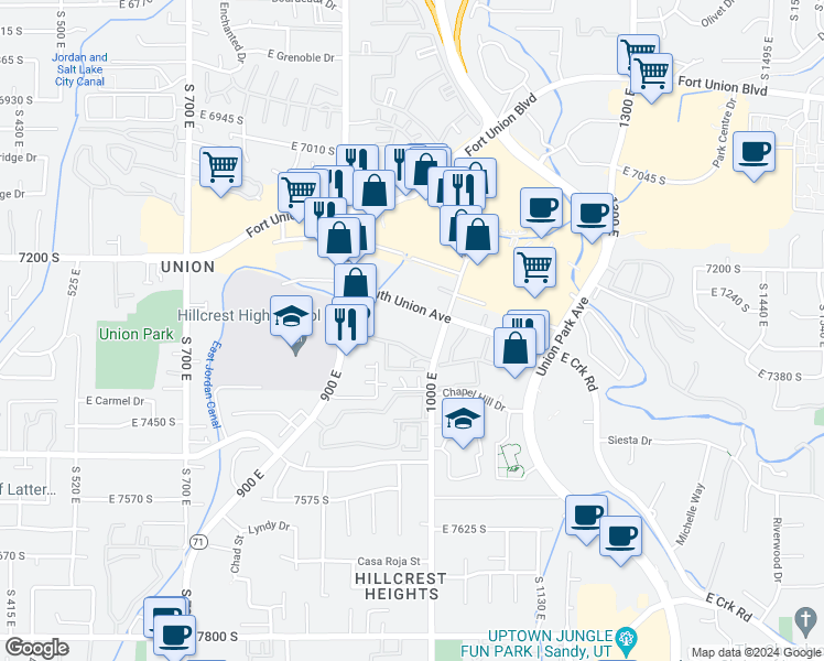 map of restaurants, bars, coffee shops, grocery stores, and more near 957 Creekhill Lane in Midvale