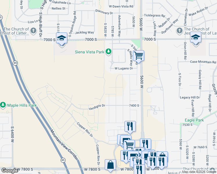 map of restaurants, bars, coffee shops, grocery stores, and more near South Mantova Way in West Jordan