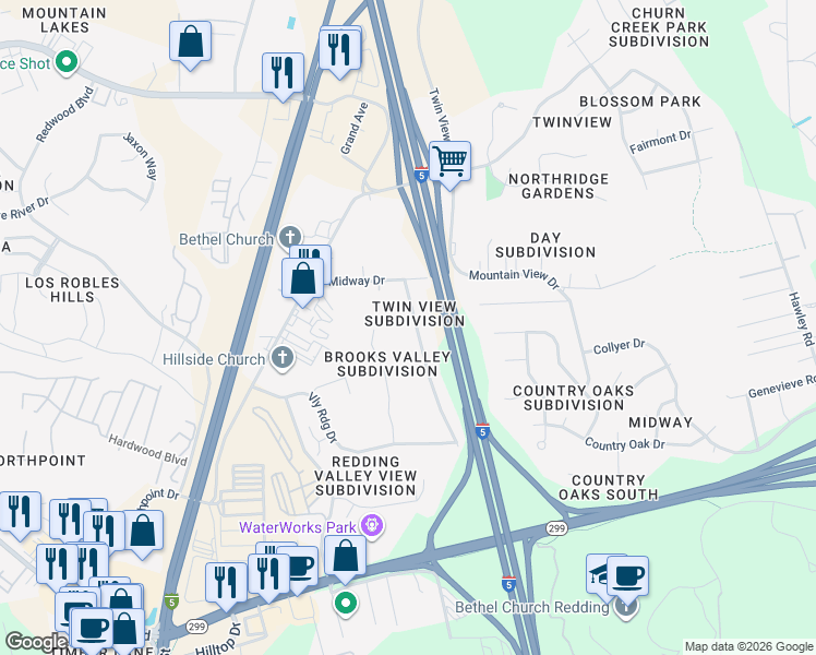 map of restaurants, bars, coffee shops, grocery stores, and more near 766 Ridge Road in Redding
