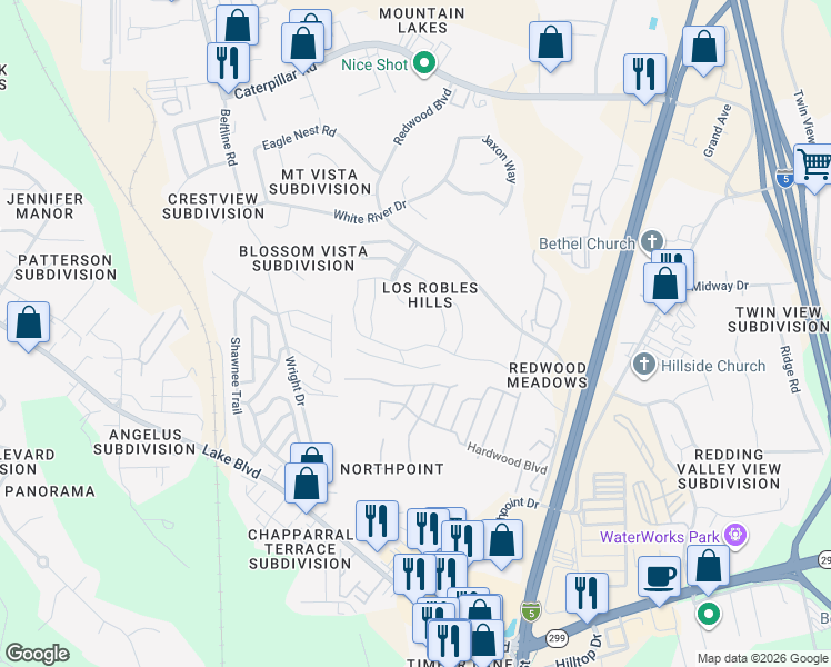 map of restaurants, bars, coffee shops, grocery stores, and more near 827 Sweetgum Trail in Redding