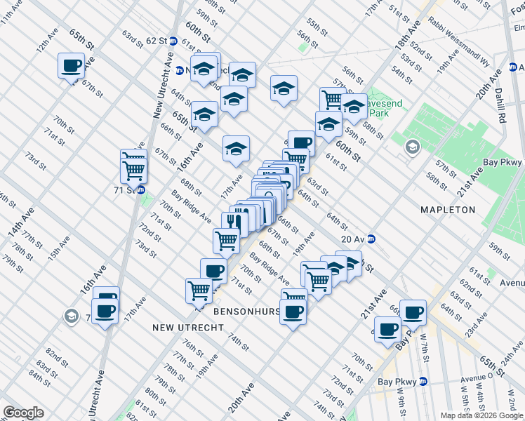 map of restaurants, bars, coffee shops, grocery stores, and more near 1751 67th Street in Brooklyn