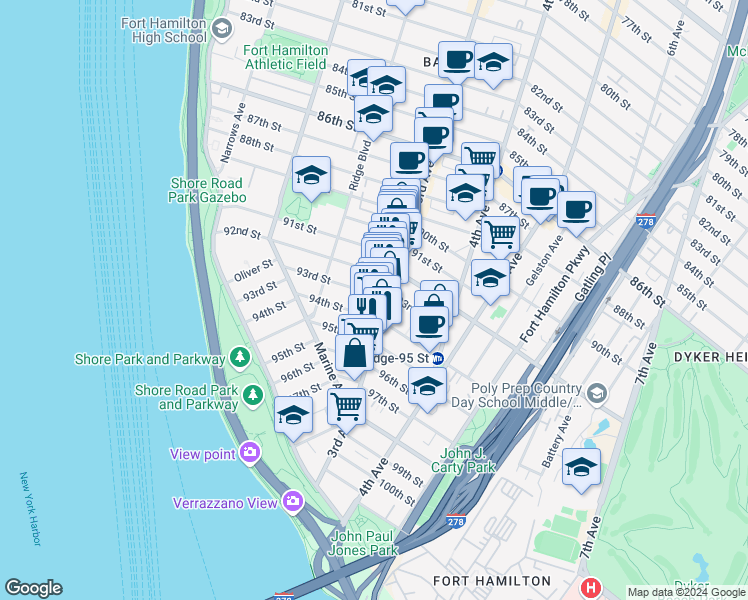 map of restaurants, bars, coffee shops, grocery stores, and more near 260 93rd Street in Brooklyn
