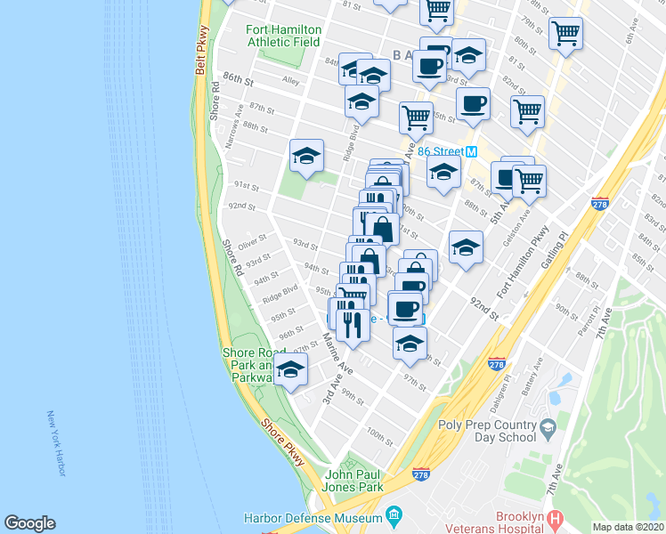 map of restaurants, bars, coffee shops, grocery stores, and more near 209 94th Street in Brooklyn