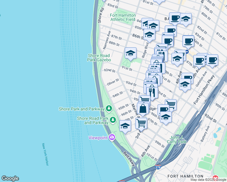 map of restaurants, bars, coffee shops, grocery stores, and more near 26 93rd Street in Brooklyn