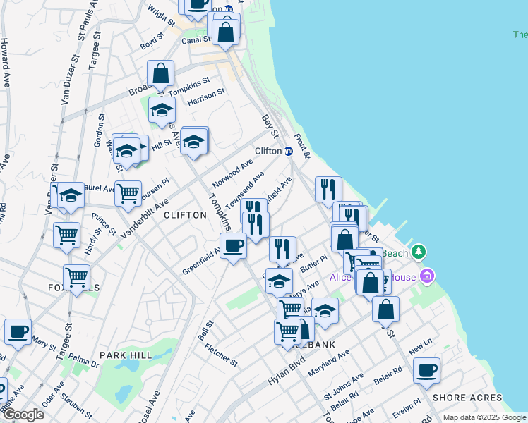 map of restaurants, bars, coffee shops, grocery stores, and more near 86 Greenfield Avenue in Staten Island
