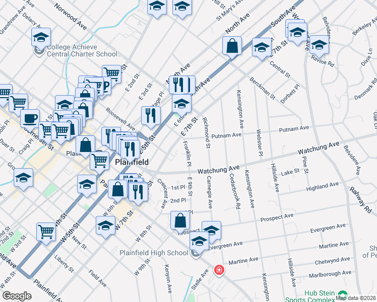 map of restaurants, bars, coffee shops, grocery stores, and more near 317 Franklin Place in Plainfield