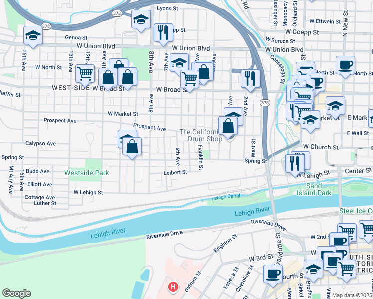map of restaurants, bars, coffee shops, grocery stores, and more near 318 Liberty Street in Bethlehem