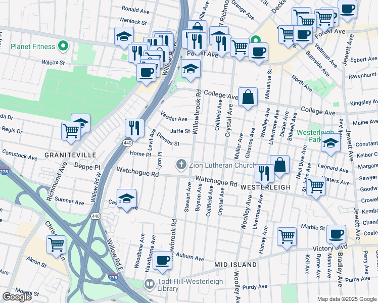 map of restaurants, bars, coffee shops, grocery stores, and more near 240 Willowbrook Road in Staten Island