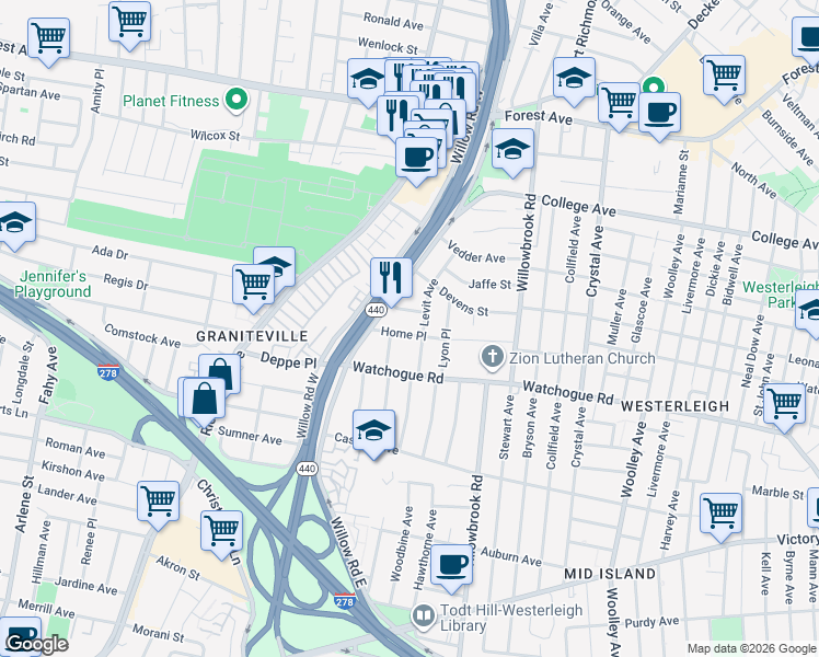 map of restaurants, bars, coffee shops, grocery stores, and more near 128 Home Place in Staten Island