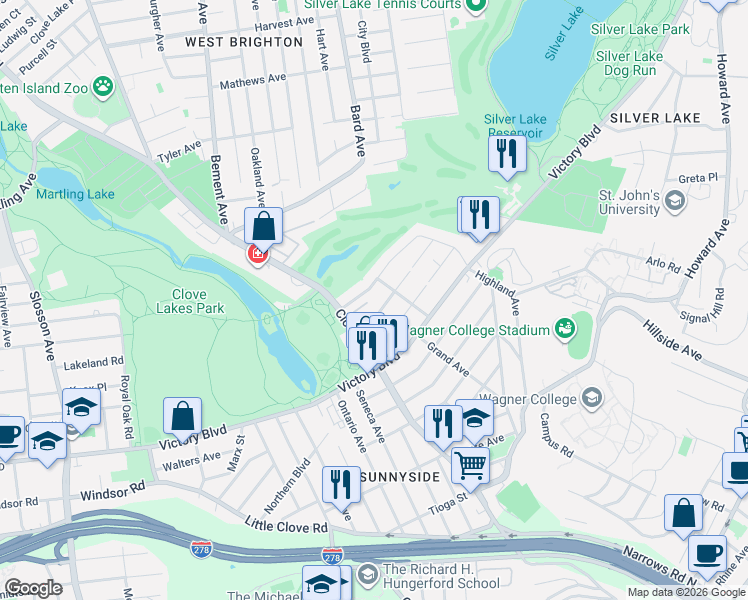map of restaurants, bars, coffee shops, grocery stores, and more near 110 Beverly Avenue in Staten Island