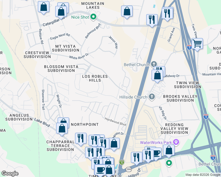map of restaurants, bars, coffee shops, grocery stores, and more near 760 Redwood Boulevard in Redding