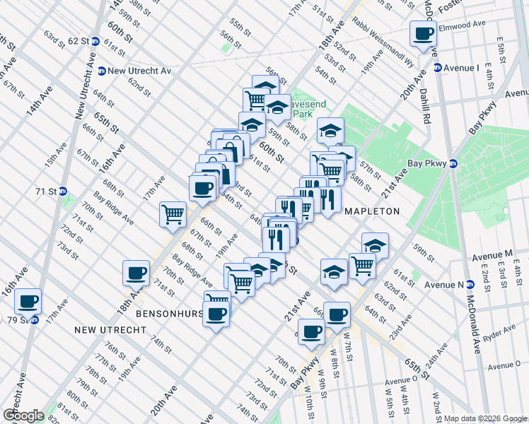 map of restaurants, bars, coffee shops, grocery stores, and more near 1934 63rd Street in Brooklyn