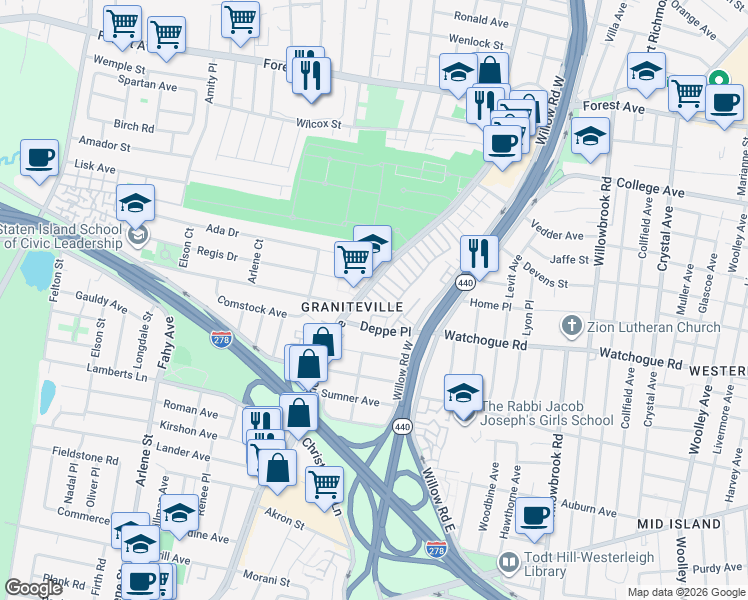 map of restaurants, bars, coffee shops, grocery stores, and more near 35A Armand Street in Staten Island