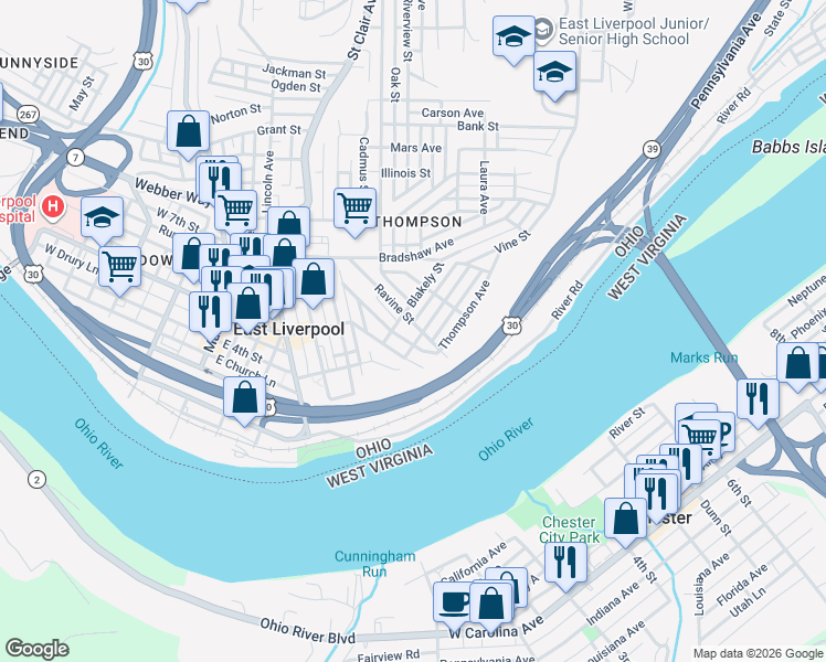 map of restaurants, bars, coffee shops, grocery stores, and more near 216 Ravine Street in East Liverpool