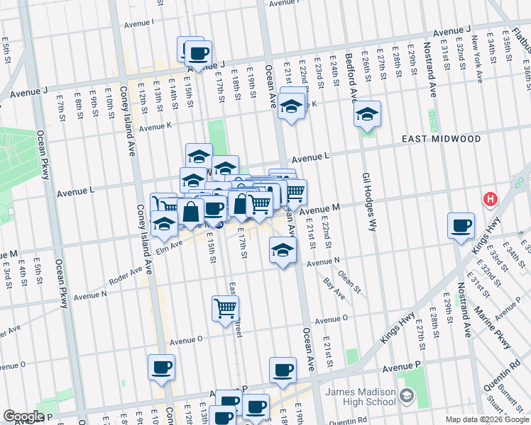 map of restaurants, bars, coffee shops, grocery stores, and more near 1298 East 19th Street in Brooklyn