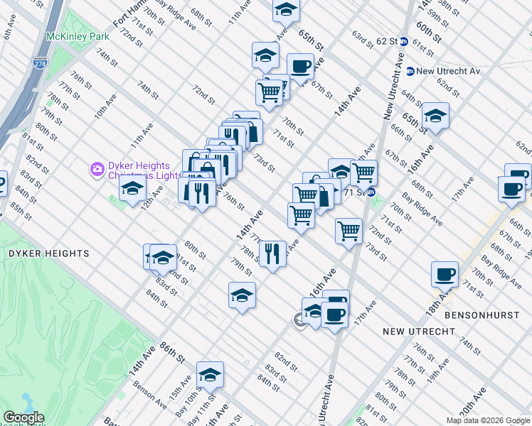 map of restaurants, bars, coffee shops, grocery stores, and more near 7511 14th Avenue in Brooklyn