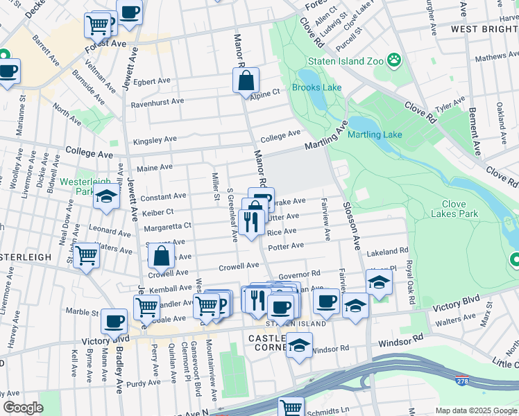 map of restaurants, bars, coffee shops, grocery stores, and more near 390 Manor Road in Staten Island