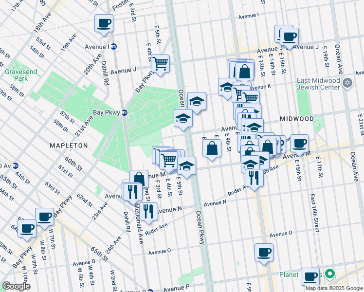 map of restaurants, bars, coffee shops, grocery stores, and more near 1226 Ocean Parkway Service Road in Brooklyn