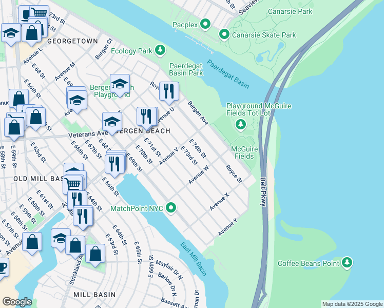map of restaurants, bars, coffee shops, grocery stores, and more near 2229 E 73rd St in Brooklyn
