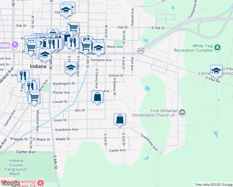 map of restaurants, bars, coffee shops, grocery stores, and more near 349 South Walnut Street in Indiana