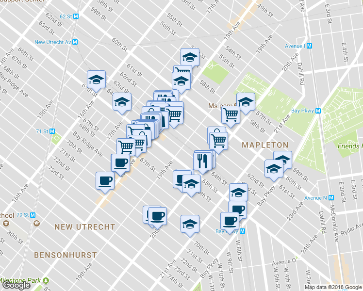 map of restaurants, bars, coffee shops, grocery stores, and more near 1881 64th St in Brooklyn