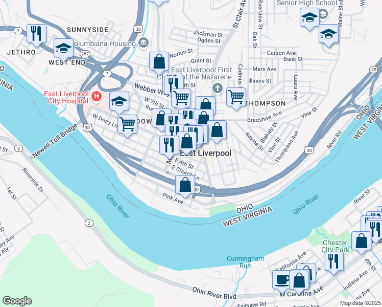 map of restaurants, bars, coffee shops, grocery stores, and more near 417 Washington Street in East Liverpool
