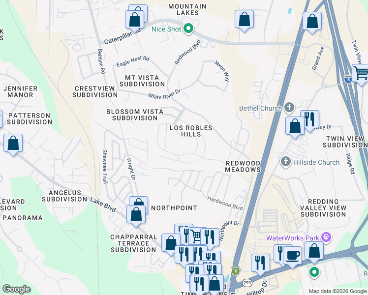 map of restaurants, bars, coffee shops, grocery stores, and more near 827 Sweetgum Trail in Redding
