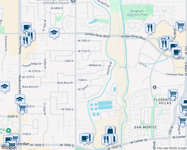 map of restaurants, bars, coffee shops, grocery stores, and more near 1173 Wimbledon Ridge Lane in West Jordan