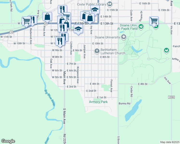 map of restaurants, bars, coffee shops, grocery stores, and more near 439 East 6th Street in Crete