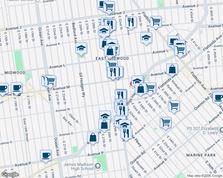 map of restaurants, bars, coffee shops, grocery stores, and more near 2712 Nostrand Avenue in Brooklyn