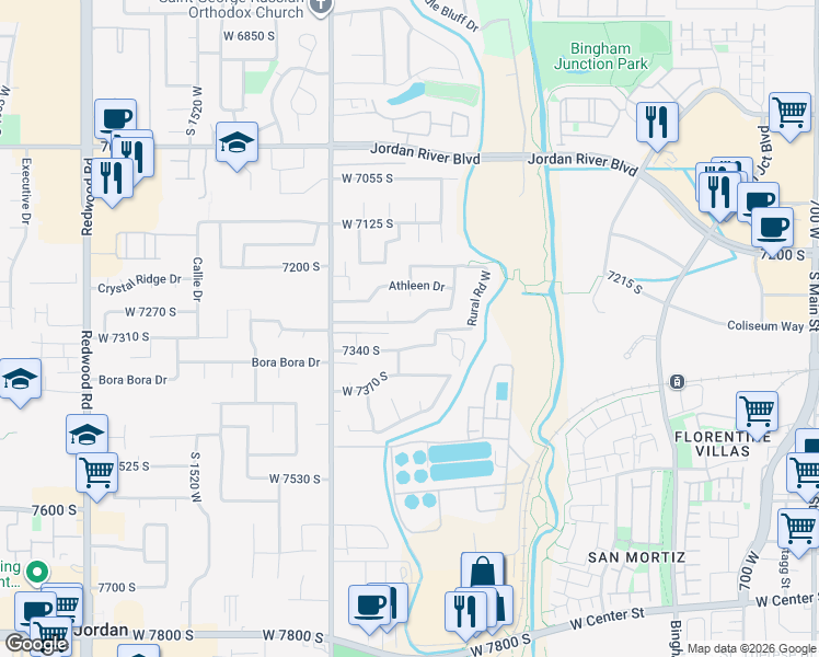 map of restaurants, bars, coffee shops, grocery stores, and more near 1173 Wimbledon Ridge Lane in West Jordan