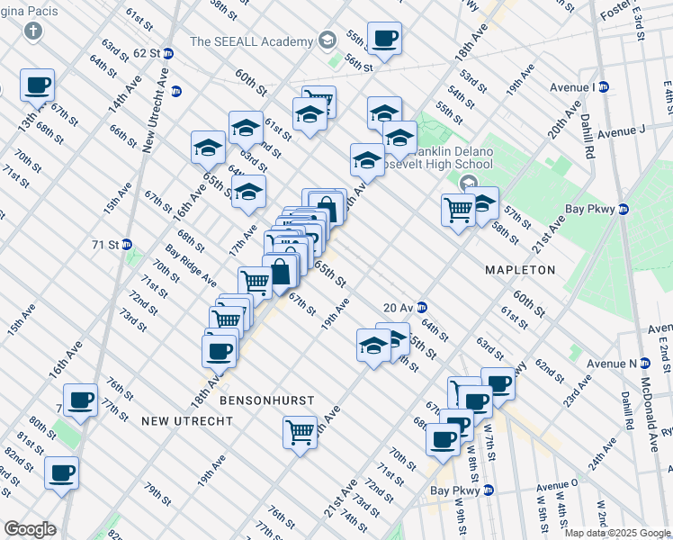 map of restaurants, bars, coffee shops, grocery stores, and more near 1843 65th Street in Brooklyn