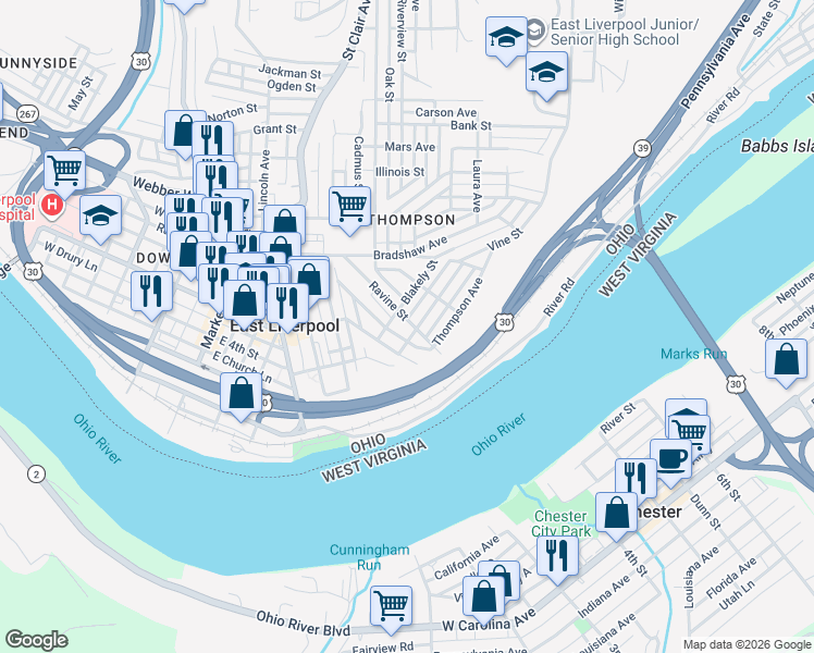 map of restaurants, bars, coffee shops, grocery stores, and more near 216 Ravine Street in East Liverpool