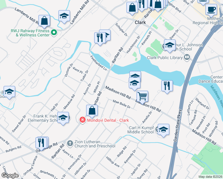 map of restaurants, bars, coffee shops, grocery stores, and more near 300 Madison Hill Road in Clark